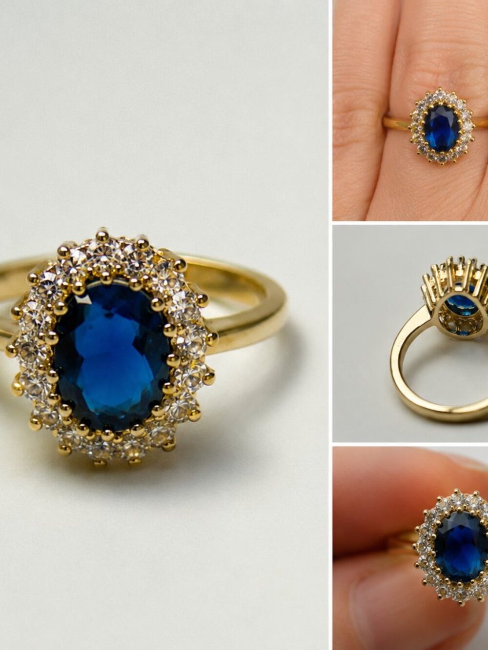 Ring-07-14K-Luxury Blue Sapphire Crystal Halo Ring Gold Tone Glam Statement Piec